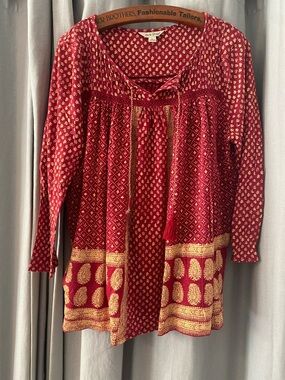 Lucky Brand Embroidered Red Boho Peasant Top w/ Gold Accent, Women’s Size Large
